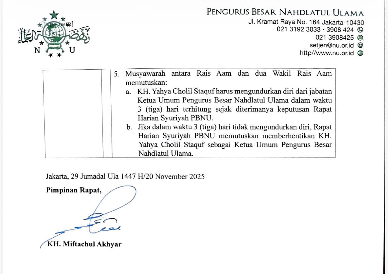 Tangkapan layar Surat Keputusan Rois Syuriah PBNU. - Istimewa